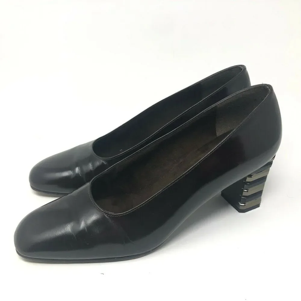Stuart Weitzman Women's 8 Geometric Stacked Heel Dark Chocolate Brown‎ Pump